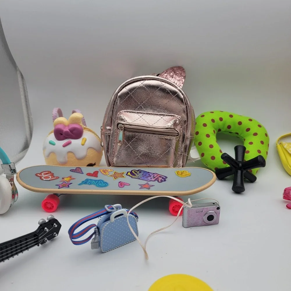 LOT OF 18IN DOLL Accessories, 16 total, Lugage, skate board, headphones and more